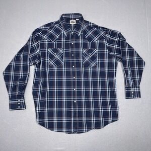 Ely Cattleman Western Pearl Snap Shirt Youth XXL Regular Navy Blue Plaid Western